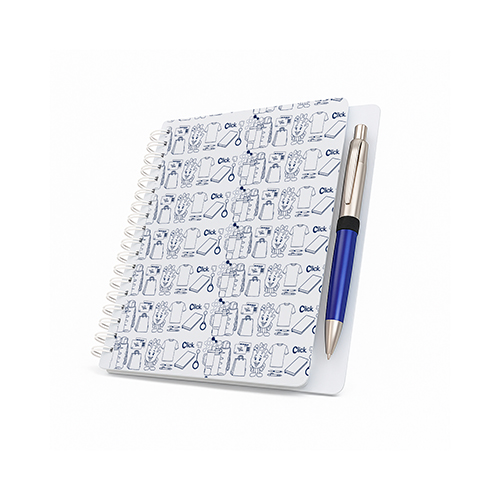 Capa em papel Supremo 300g com caneta e 70 folhas off-set 75g internas pautadas (tipo caderno). Arte precisa ter 2mm de borda, não pode ser sangrado.